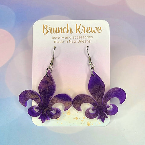 Purple and Gold Shimmer Fleur De Lis Earrings