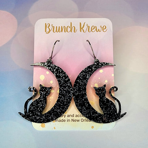 Black Glittery Cat Moon Earrings